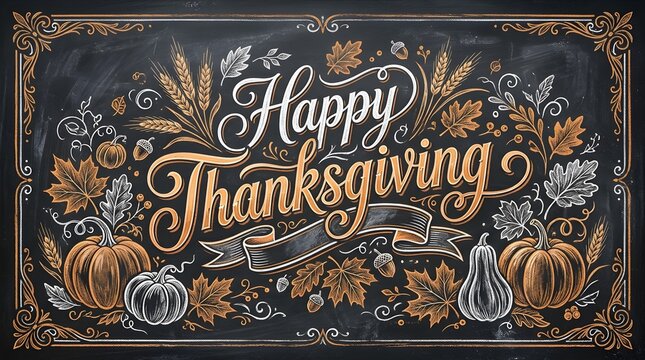 Chalkboard happy thanksgiving illustration with pumpkins, autumn leaves, and wheat stalks for seasonal holiday design