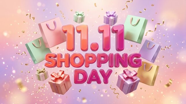 Colorful 3D "11.11 Shopping Day" text with pastel gift boxes, shopping bags and golden confetti, representing global sales, big discounts and online shopping festival