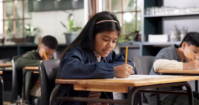 Cheating, test or child in class with writing, student copy or discipline issue in school rules. Education, unfair or girl with exam, academic plagiarism or peeking secret in behavior challenge.