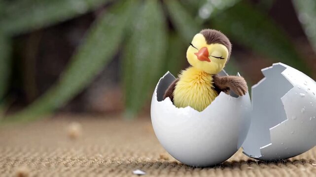 Chick hatching from egg on textured surface