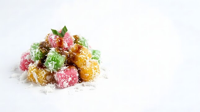 Colorful pink, green and yellow cenil tapioca cakes with grated coconut and palm sugar syrup.