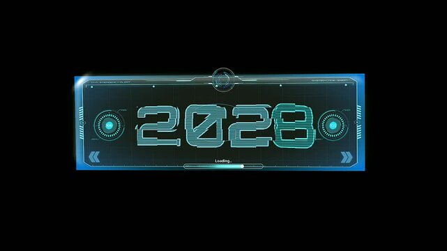 futuristic hud year, with glitch digital 2029 text, and loading bar, on black background overlay 4k.