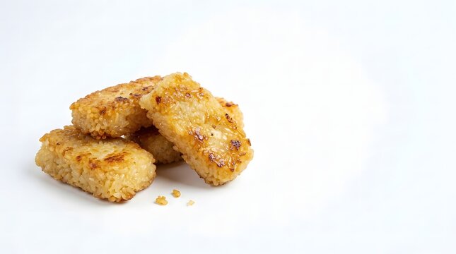 Golden crispy fried sticky rice cakes with caramelized edges on a white background.