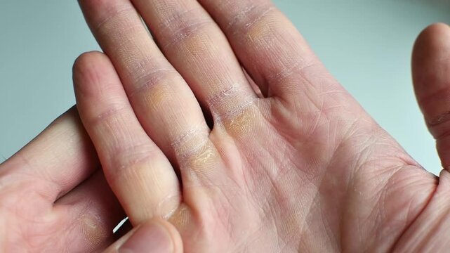 A thumb rubs dry, yellowish calluses along the base of the fingers on an open palm in close-up.