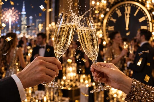 Guests toast with champagne at a New Year celebration beneath a clock at midnight