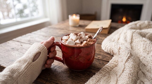 Hand holding a red mug of hot chocolate beside a candle and fireplace indoors