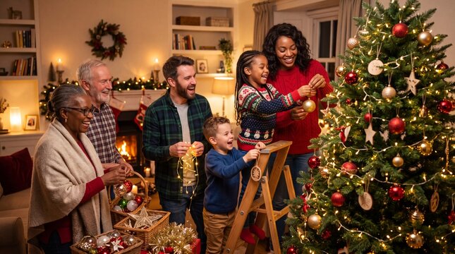 Family members decorate a Christmas tree together at home during the holiday season
