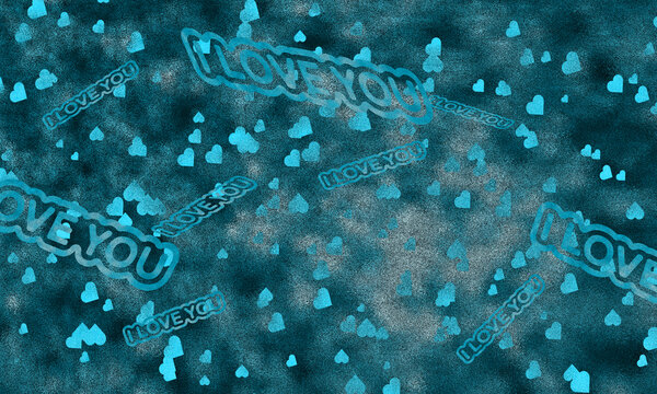 Abstract teal blue hearts and love you lettering floating on a modern textured artistic backdrop