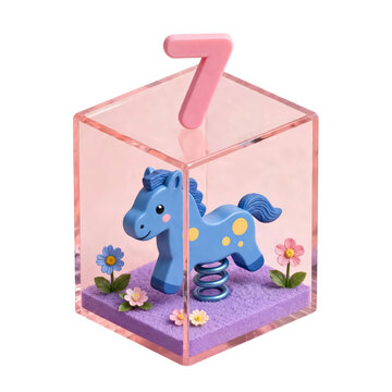 3D transparent pink cube with number 7 and blue spring horse toy isolated on a transparent background
