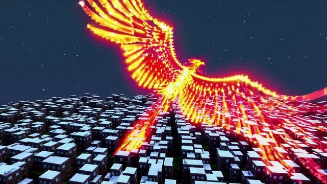 Phoenix of fire soars above winter cityscape. Burning feathers arc through starry darkness as luminous tail streaks across packed buildings with cold roofs beneath, tracing curved light over rooftops.