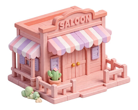 3D isometric pastel pink Wild West saloon building diorama isolated on a transparent background