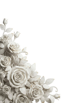 White marble carved rose flowers corner ornament frame isolated on a transparent background