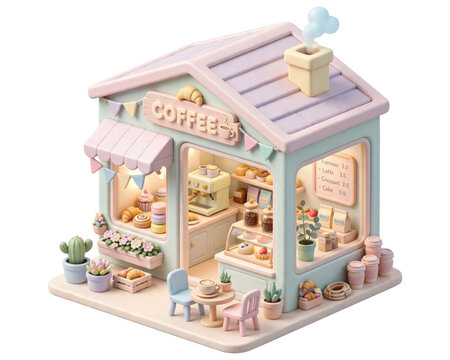 3D isometric pastel coffee shop and bakery store building diorama isolated on a transparent background