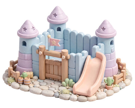 3D isometric pastel western fort castle playground diorama isolated on a transparent background