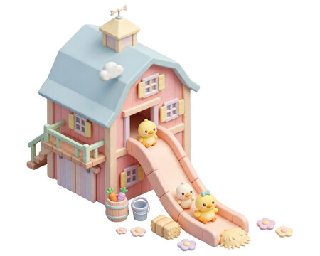 3D isometric pastel barn house with cute chicks on slide diorama isolated on a transparent background