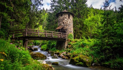 Fototapeta premium An enchanting stone tower standing beside a flowing river in a lush green forest landscape with a wooden bridge crossing the mountain stream.