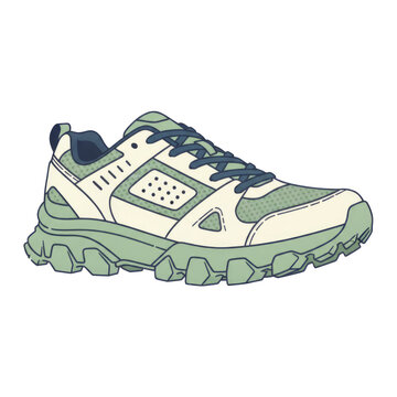 Green and cream trail running sneaker side view illustration isolated on a transparent background