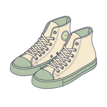 Pair of cream and green high-top canvas sneakers illustration isolated on a transparent background