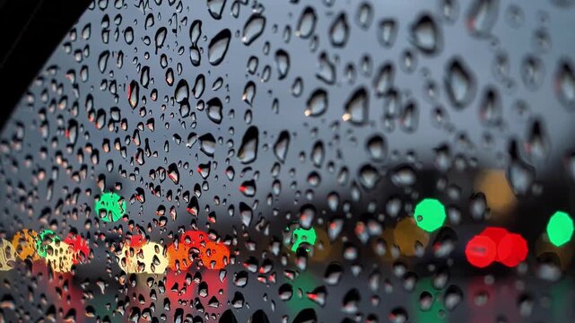 Rain soaked glass blurs evening street lights while vehicles sit in traffic. Bright red tail lights and green signals form soft bokeh behind droplets across wet windshield glass at intersection.