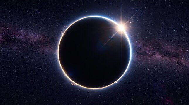 Dark planet eclipsing a distant star in deep space with glowing ring of light, lens flare and Milky Way starry background