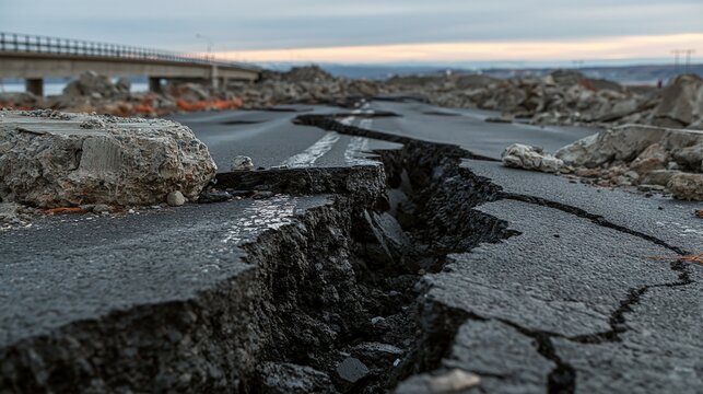 Damaged road with cracks after earthquake in urban area
