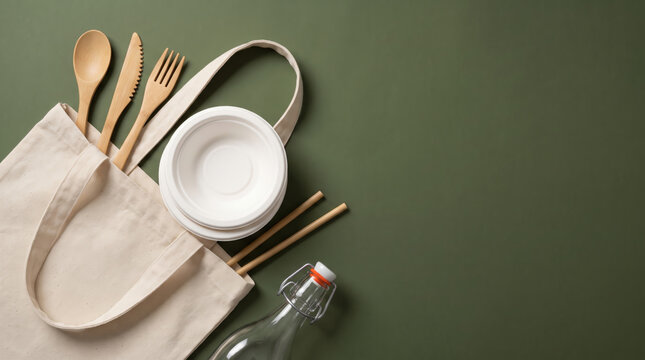 Sustainable kitchen items with wooden utensil, ceramic plate, cloth bag, chopstick, and glass bottle. Everyday home living wellness storage utensil friendly consumption recycling conservation