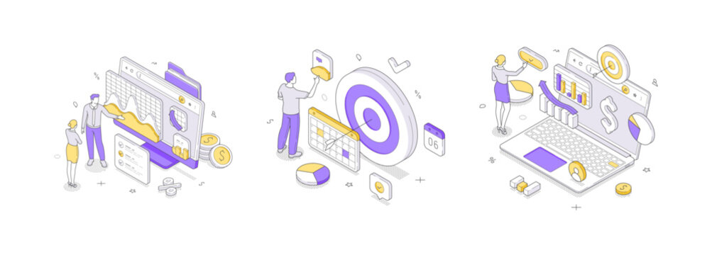 Collection of business concepts in an isometric vector illustration style. Features data analysis, goal setting, and financial growth for strategic planning and marketing presentations