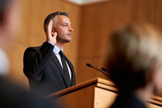 Man in suit raising hand during an oath taking ceremony