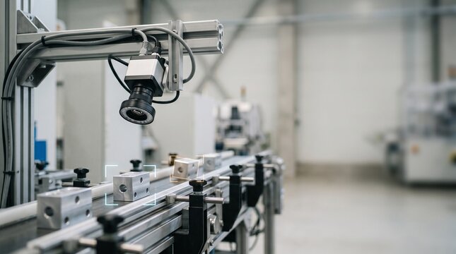 Industrial machine vision system scanning metal parts on an automated conveyor belt for quality control in a modern smart factory with AI-powered inspection technology.