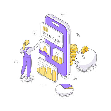 Mobile banking and personal finance isometric vector illustration. A woman manages savings with a piggy bank on a smartphone app. For online payment, budget control, and electronic transaction ideas