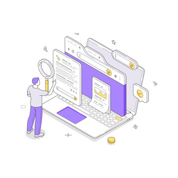 Digital document search and file management isometric vector illustration. A man uses a magnifier on a laptop folder. For data archiving, information retrieval, and online audit services concepts
