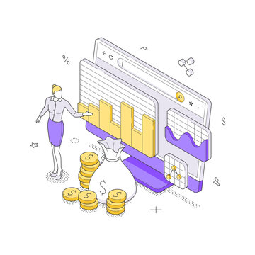 Financial analytics and investment profit isometric vector illustration. A woman manages money bags with data charts. For online trading, stock market analysis, and business revenue growth concepts
