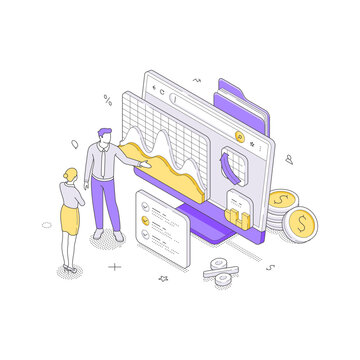 Financial data analysis and business teamwork isometric vector illustration. A team reviews charts for profit growth. For corporate statistics, market research, and investment strategy concepts
