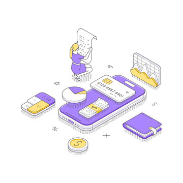 Secure mobile payment and online transaction technology isometric vector illustration. A woman uses a credit card on a smartphone. For digital wallet, e-commerce purchase, and internet banking ideas