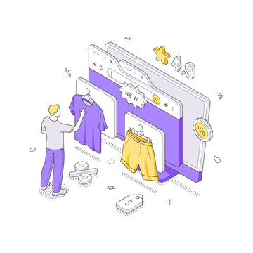 Online fashion shopping and digital wardrobe concept isometric illustration. A man chooses new clothes from a web store. For e-commerce retail, virtual fitting, and internet boutique business ideas