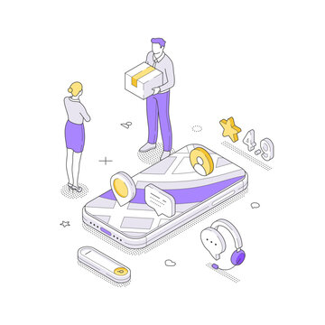 E-commerce delivery service and online order tracking isometric vector illustration. A courier delivers a package to a customer. For logistics, shipping management, and post service business concepts