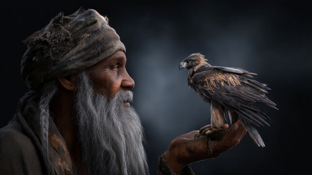 Old falconer with weathered face and bird on arm, storytelling vibe. Entertainment for the rich, hobbies in the UAE or the USA, ancient art, UNESCO heritage