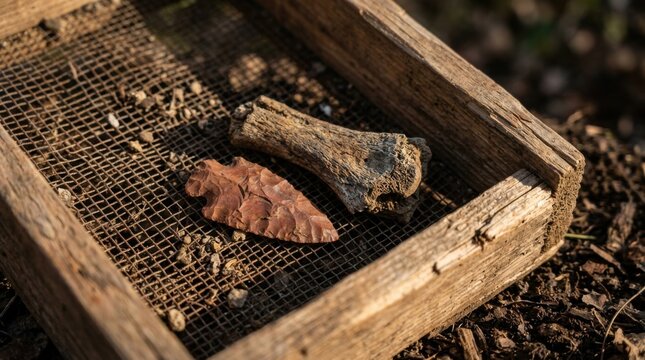 Jasper projectile tip and fossilized bison rib fragment resting inside a cedar wood wire-mesh sifter screen on dark excavation soil.