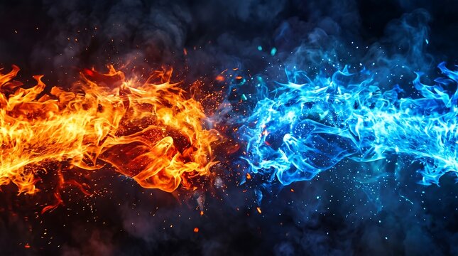 Bright orange fire and blue ice flames colliding together on a dark black background texture