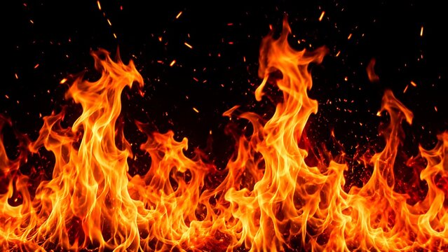 Bright orange flames and fire sparks burning on a dark black background