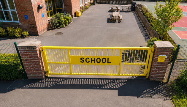 Bright yellow school gate leading into a sunny playground area