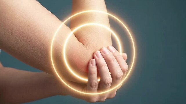 Close-up of a person experiencing elbow pain with a red glow and radiating yellow circles, illustrating discomfort, inflammation, or injury in the joint.