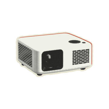 Compact projector vector illustration featuring a vintage halftone dither dot texture and retro magazine collage aesthetic on transparent background PNG