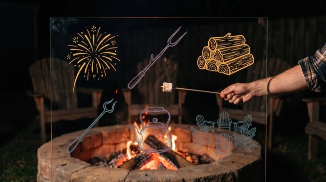 Hands interacting with campfire doodle icons of fireworks, wood logs, kettle, and chairs, Halloween doodle drawing overlay, outdoor bonfire celebration concept, festive evening party graphics