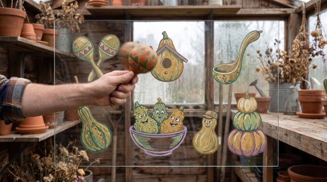 Hand shaking gourd rattle with doodle icons of maracas, birdhouse, and pumpkins, Halloween doodle drawing overlay, rustic garden concept, festive harvest season botanical illustration