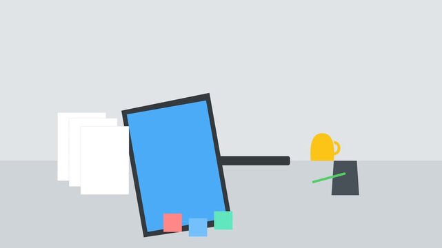 Seamless 2D flat vector animation of an empty modern office desk self-organizing with opening laptop, floating paper stacks, rolling pens into a holder, and steaming coffee mug.