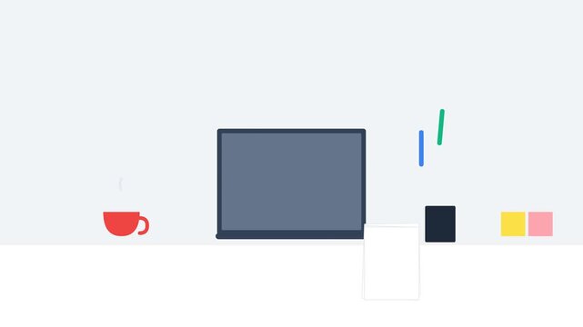 A smooth 2D flat vector loop featuring an empty modern workstation automatically tidying up with an opening laptop, self-stacking papers, rolling pens, organized sticky notes, and a steaming coffee 