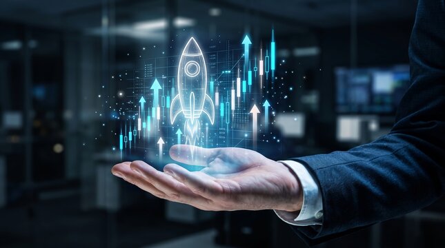 Startup Growth Rocket with Holographic Financial Chart