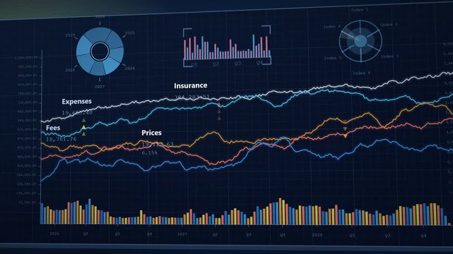 Macroeconomic dashboard animation, camera pulls back from inside the inflation, debt and tariff line charts to reveal a floating panel with bar graphs