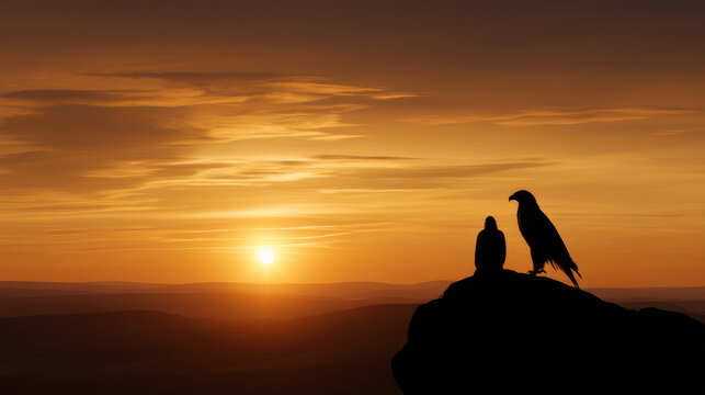 Falconer and hawk silhouetted against a golden sunrise. Entertainment for the rich, hobbies in the UAE or the USA, ancient art, UNESCO heritage